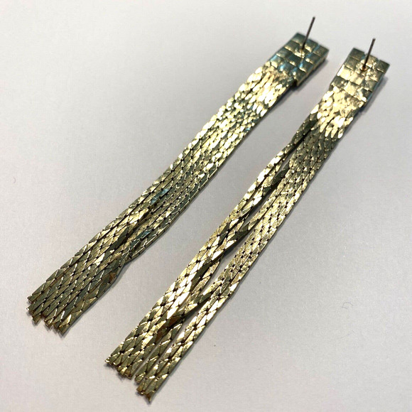 Dramatic Dressy Pierced Earrings Y2K Gold Chain White Rhinestone Runway Dangles - Picture 4 of 8